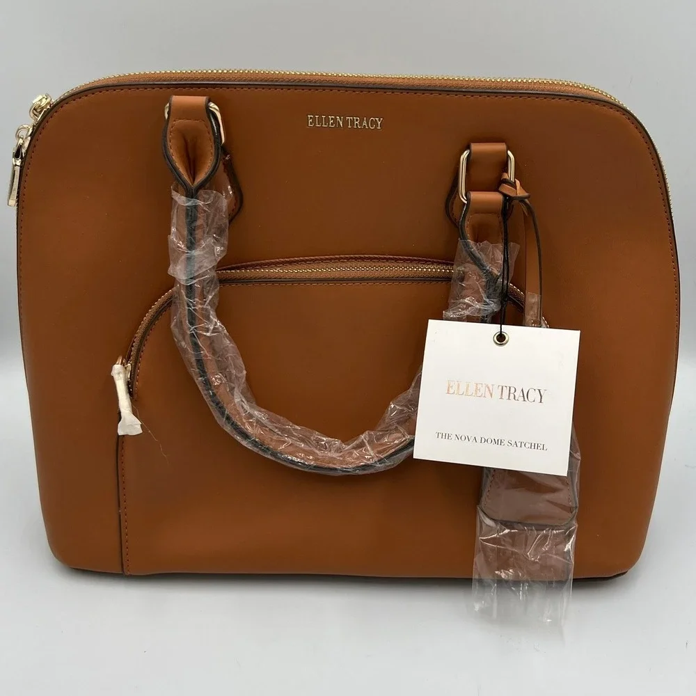 Ellen Tracy Nova Dome Satchel Womens OS Cognac NWT ETH1087 Faux Leather Bag